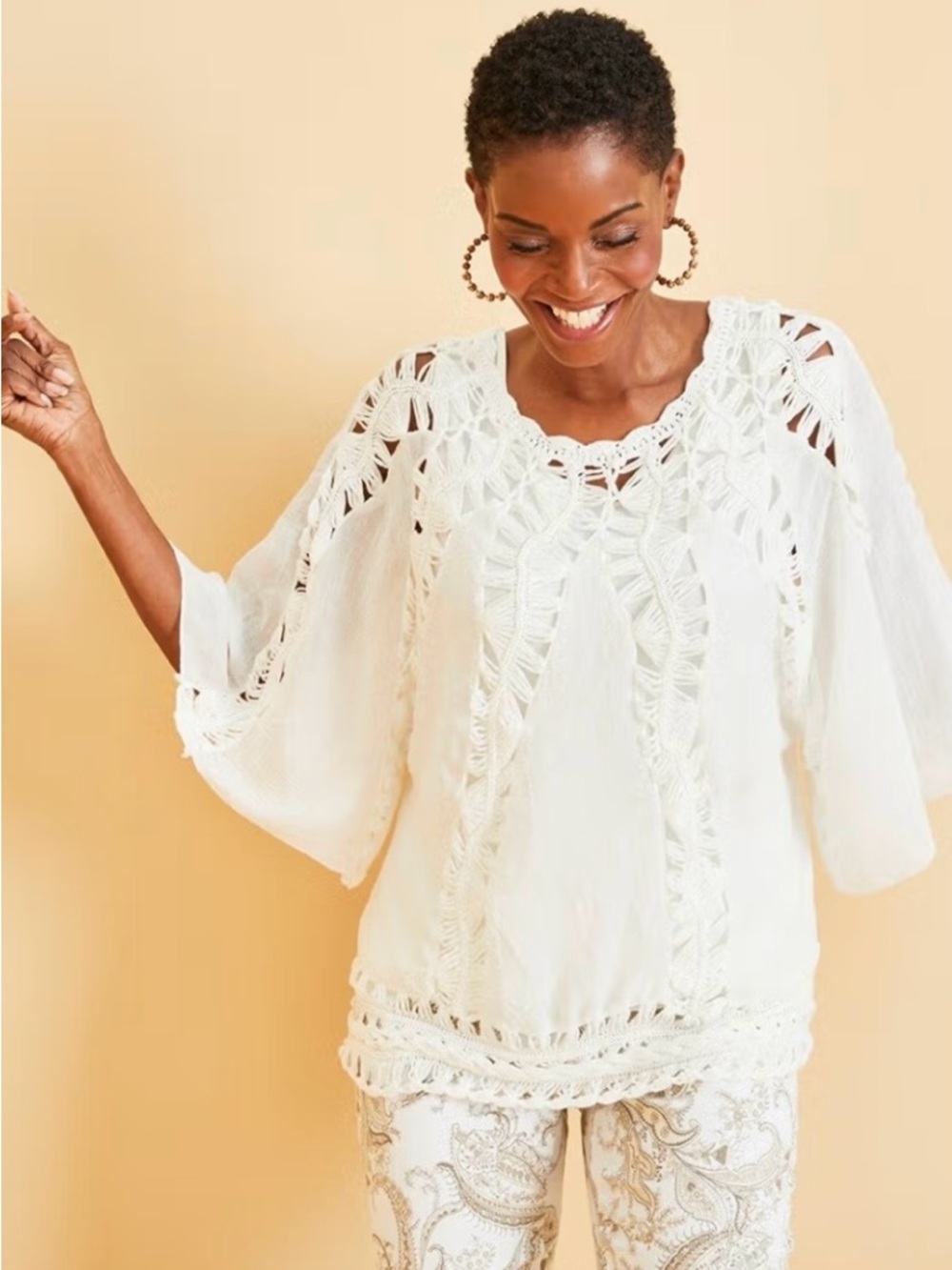 Chico's Cream Crochet Boho Top size 1/MED